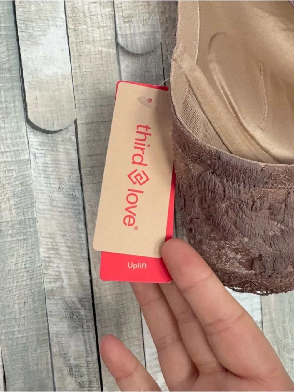 New Thirdlove 38C All Day Lace Uplift Plunge Bra Twilight Taupe Underwire NWT